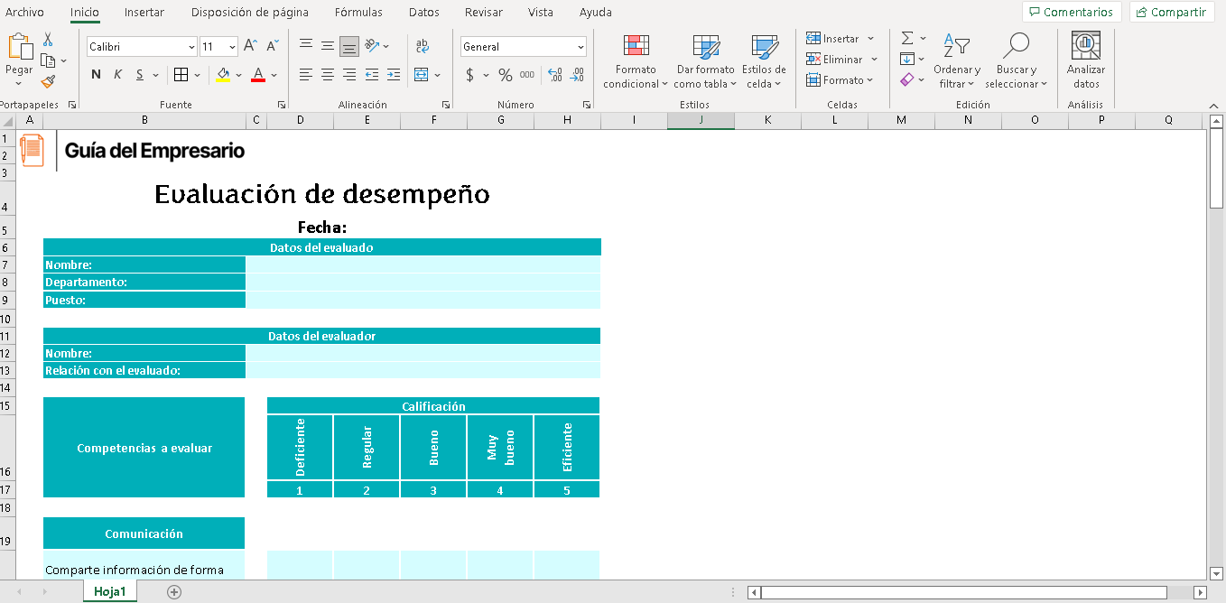  Evaluación de desempeño formato en Excel