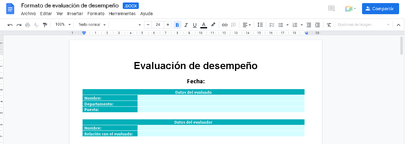 Formato de evaluación de desempeño en Google Drive