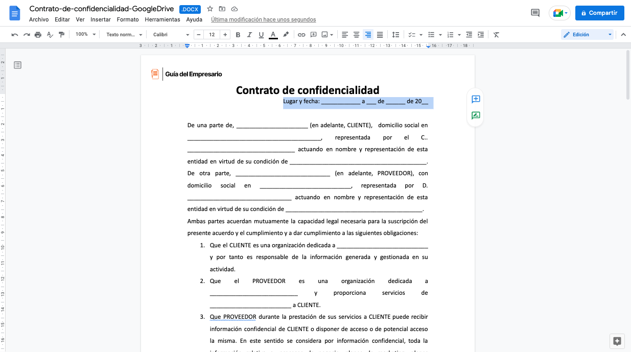 Visualización de contrato de confidencialidad en Google Drive