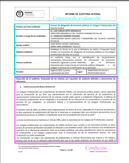 Ejemplo de informe de criterios y condición auditoria interna